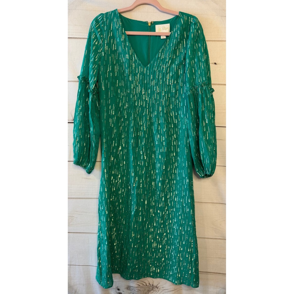 Lilly Pulitzer Emerald Green Metallic Stripe V Neck Long Sleeve Dress Size 4‎